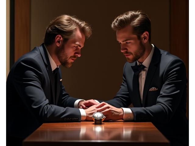 An elegant, private consultation room with a master horologist discussing a high-end watch with a gentleman.