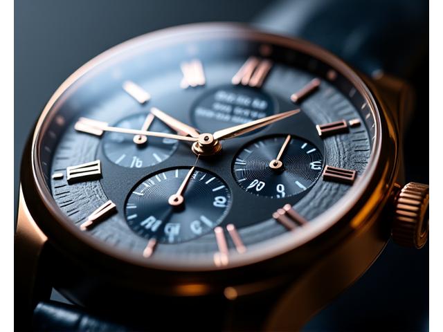 Close-up of a perpetual calendar watch dial showing day, date, month, and moon phase indicators.