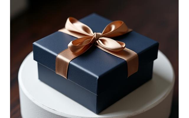 A beautifully wrapped gift box with a silk ribbon, containing a luxurious men's accessory item.
