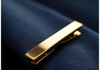 Close-up of a minimalist gold tie clip securing a silk tie, symbolizing attention to detail.