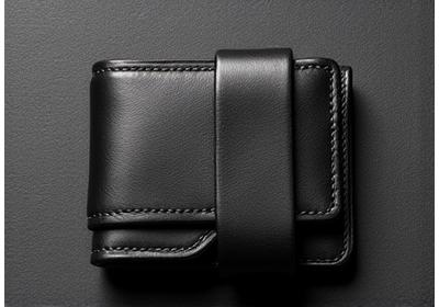 Slim, handcrafted black leather bifold wallet with refined stitching on a dark, textured background.